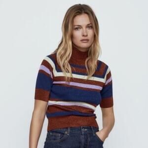 Zara Red Navy Striped Metallic Knit High Mock Neck Short Sleeve Sweater Size S